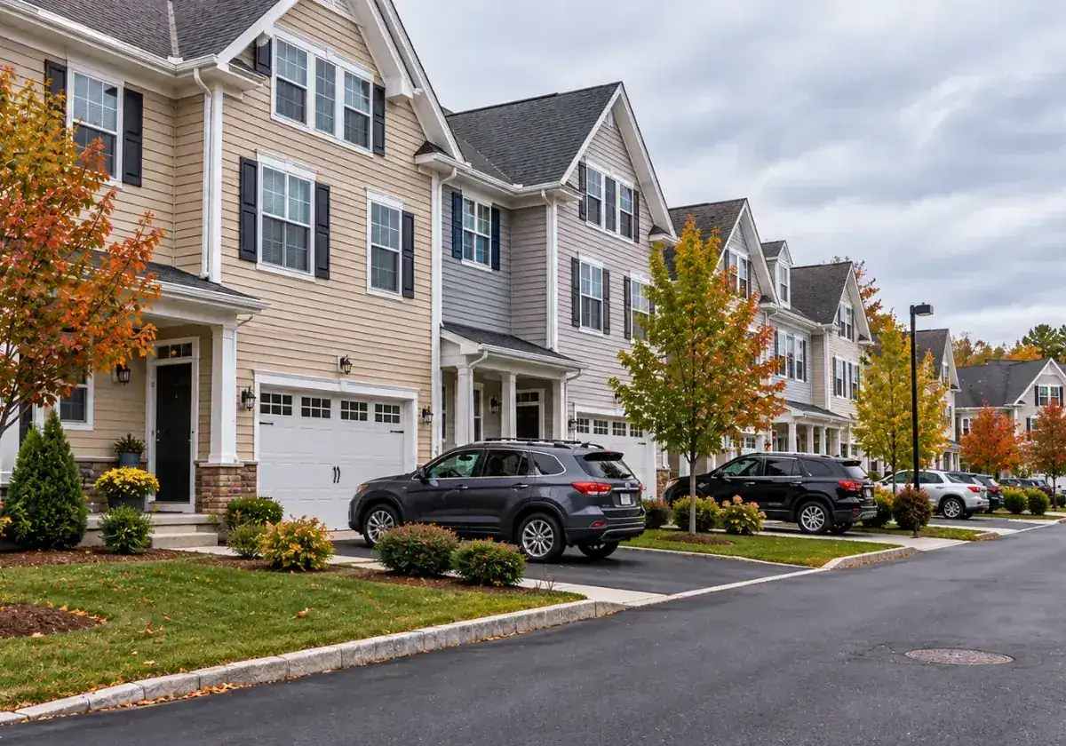 Row of newer townhomes with garages and parked SUVs in North Woburn, MA