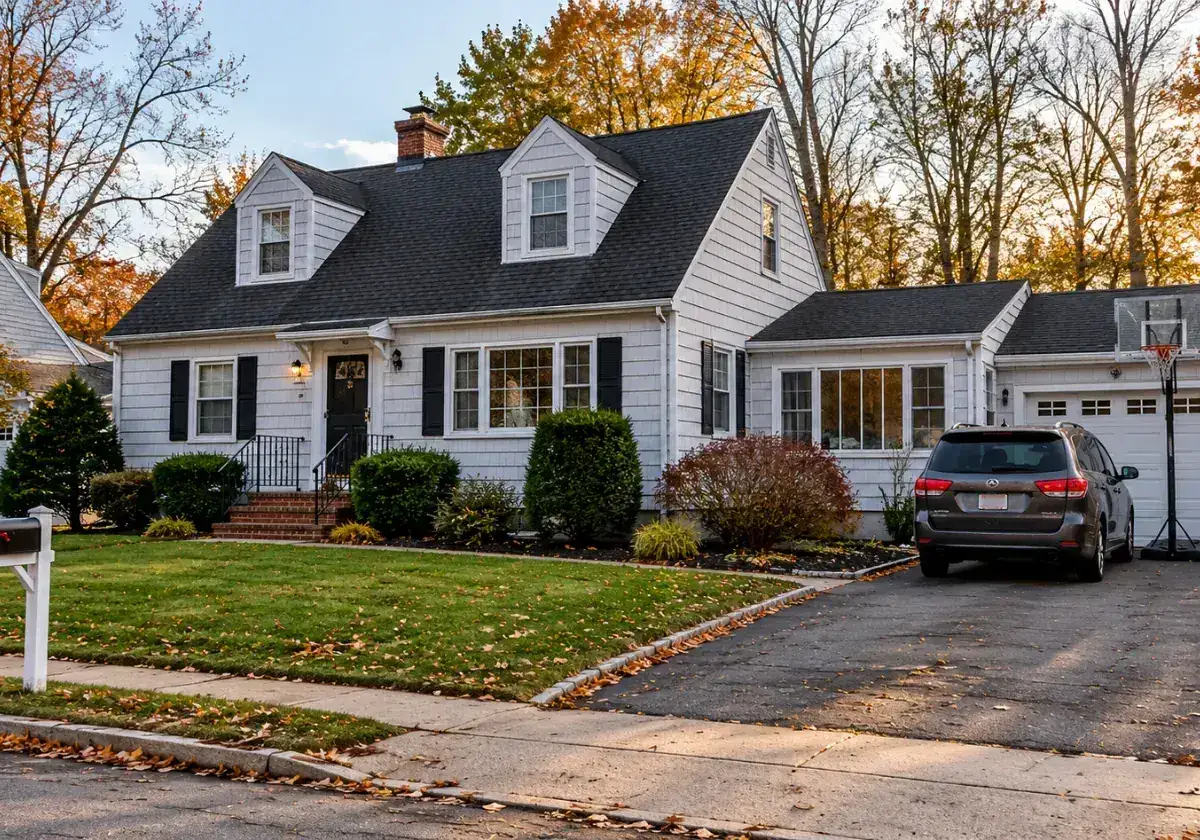White Cape Cod family home with dormers and an attached garage in Walnut Hill, Woburn, MA