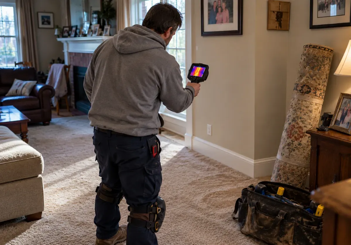 Plumber using a thermal imaging camera to find a hot water slab leak under a carpeted floor