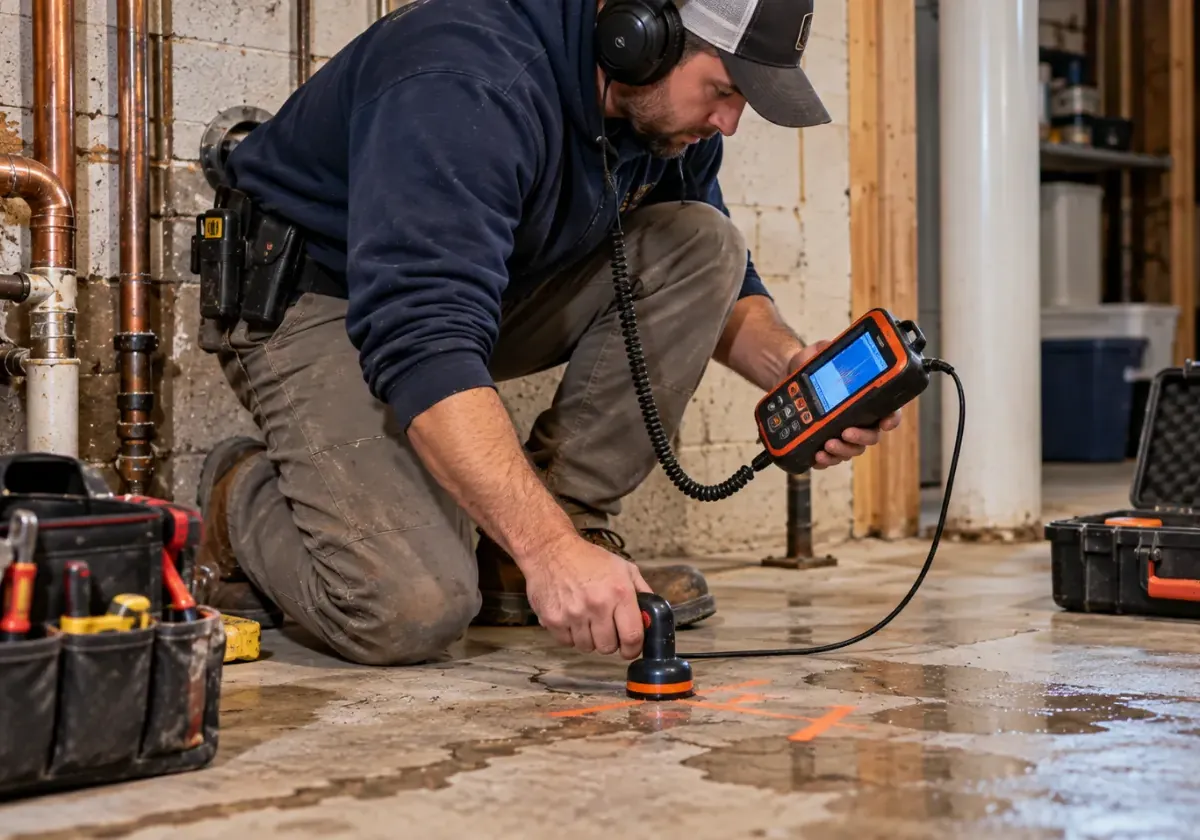 Plumber locating a leak beside old copper water pipes in a basement with an acoustic detector