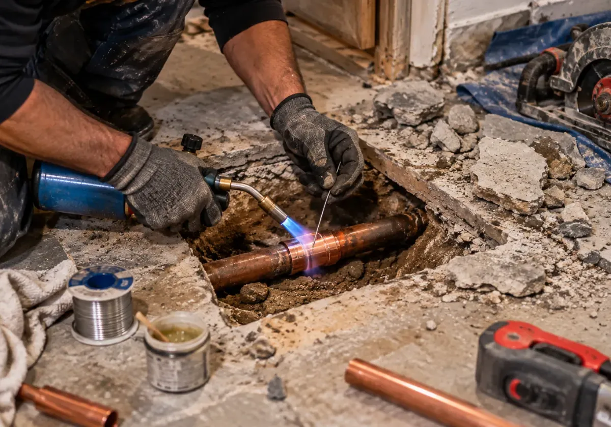 Plumber soldering a new copper section in a small opening cut into a concrete slab floor