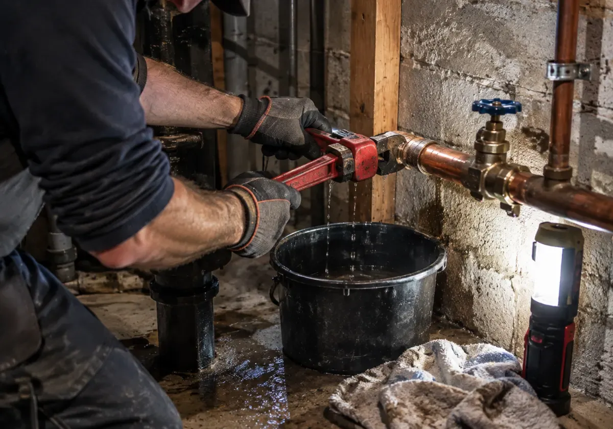 Plumber using a wrench on a copper line at the water shutoff during an emergency slab leak call