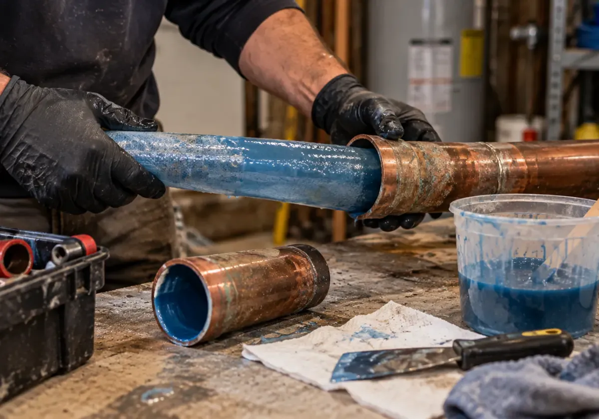 Plumber fitting an epoxy-lined pipe section, with the blue epoxy coating visible inside the copper