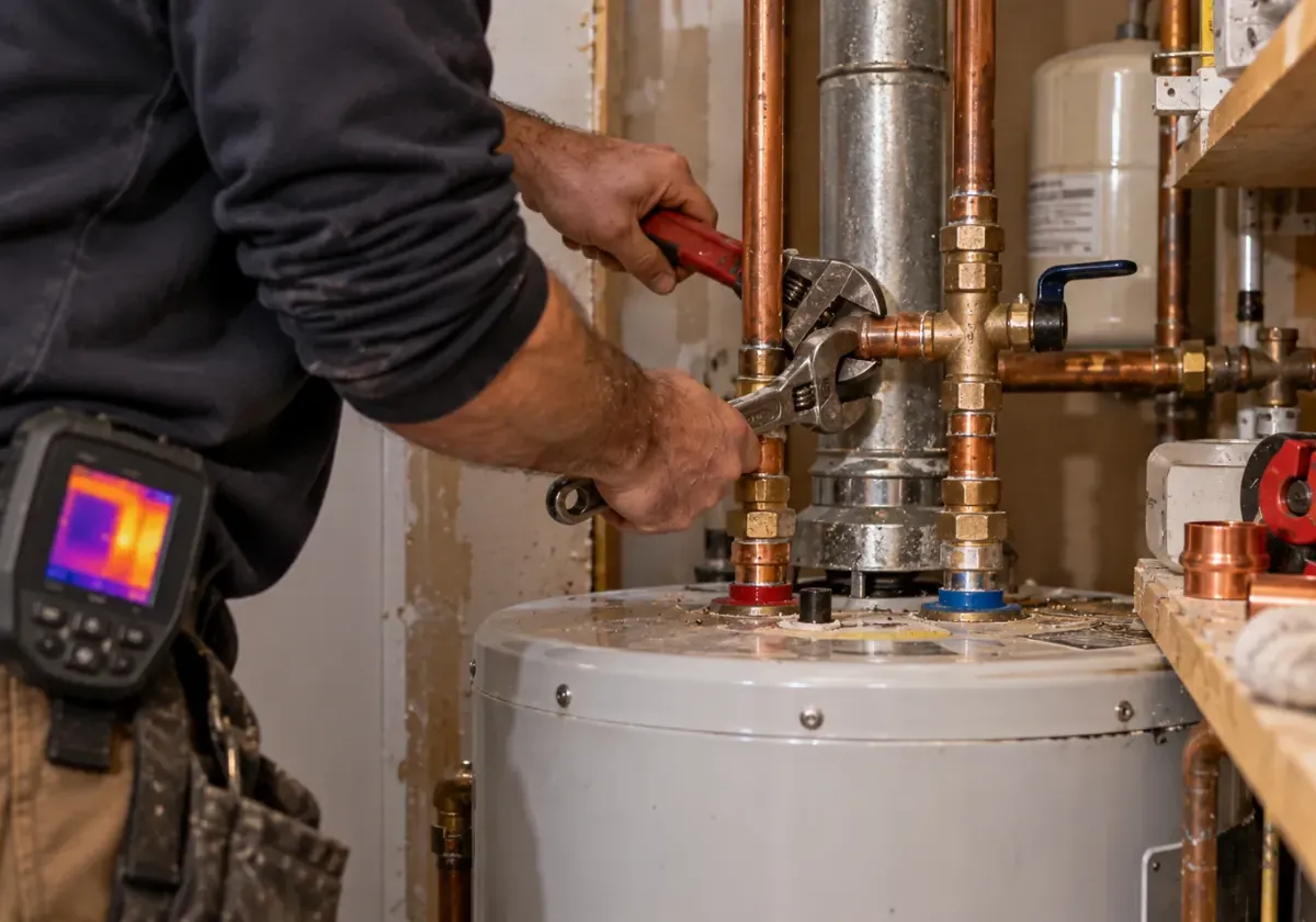 Plumber connecting new copper pipe on top of a water heater, with a thermal camera on his belt