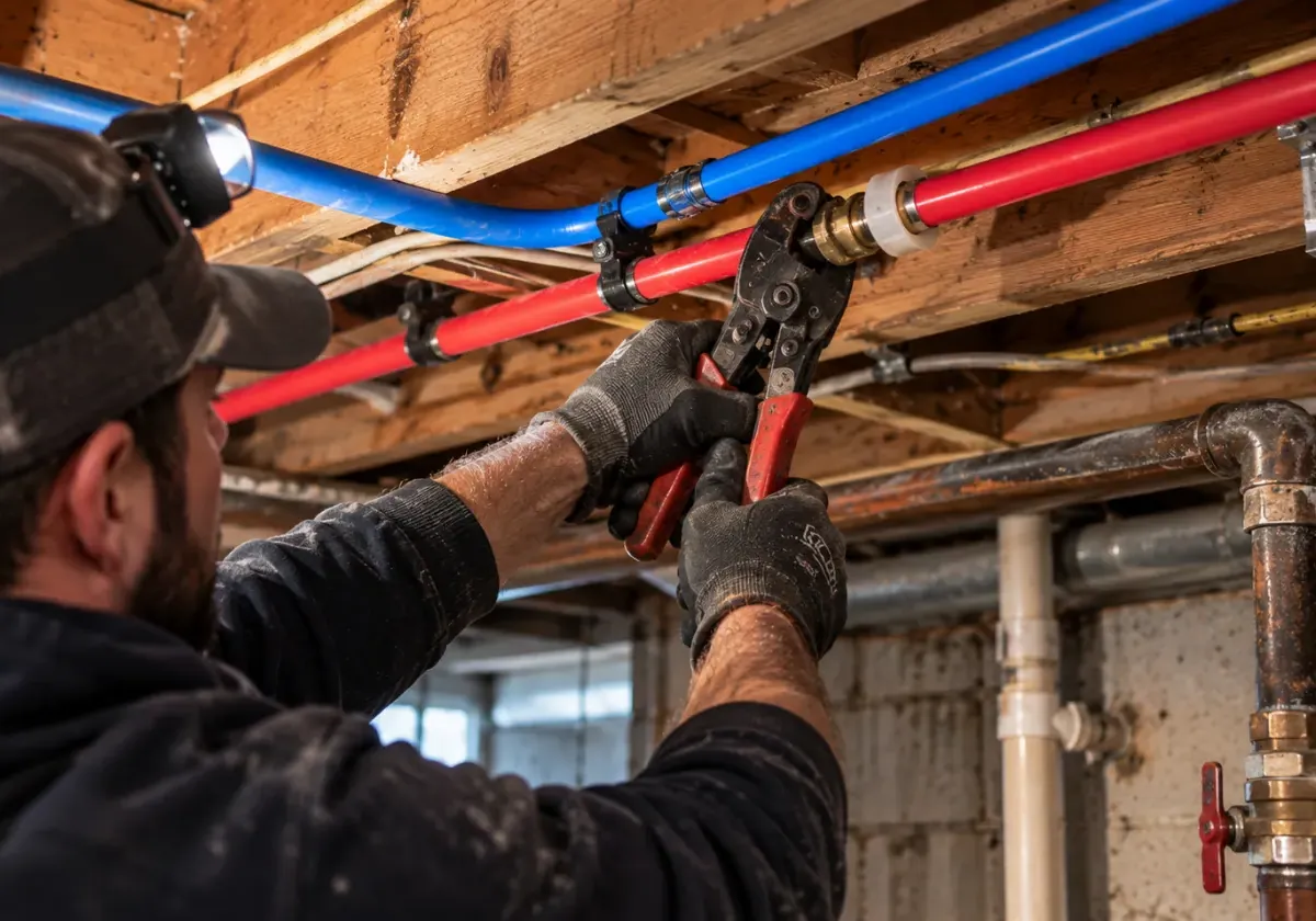 Plumber crimping new red and blue PEX water lines along basement ceiling joists to reroute a slab leak
