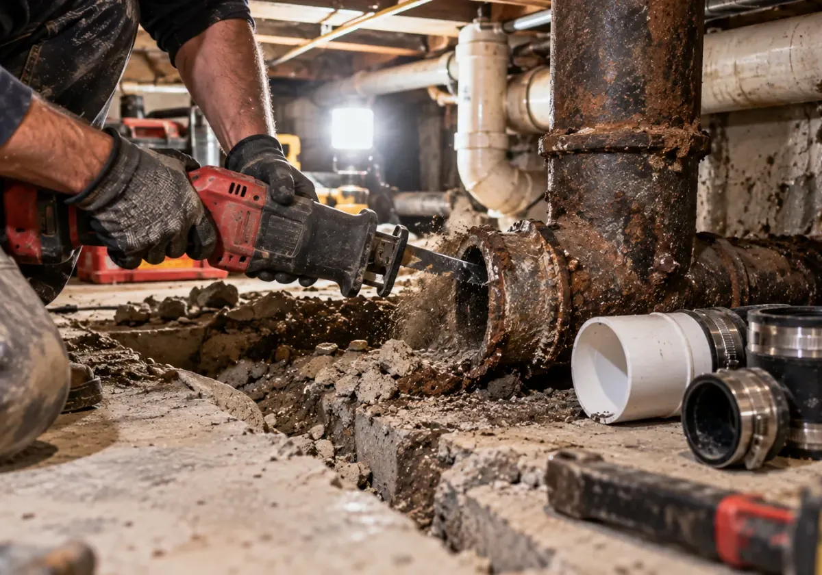 Plumber cutting out a rusted cast iron drain pipe under a basement floor to replace it