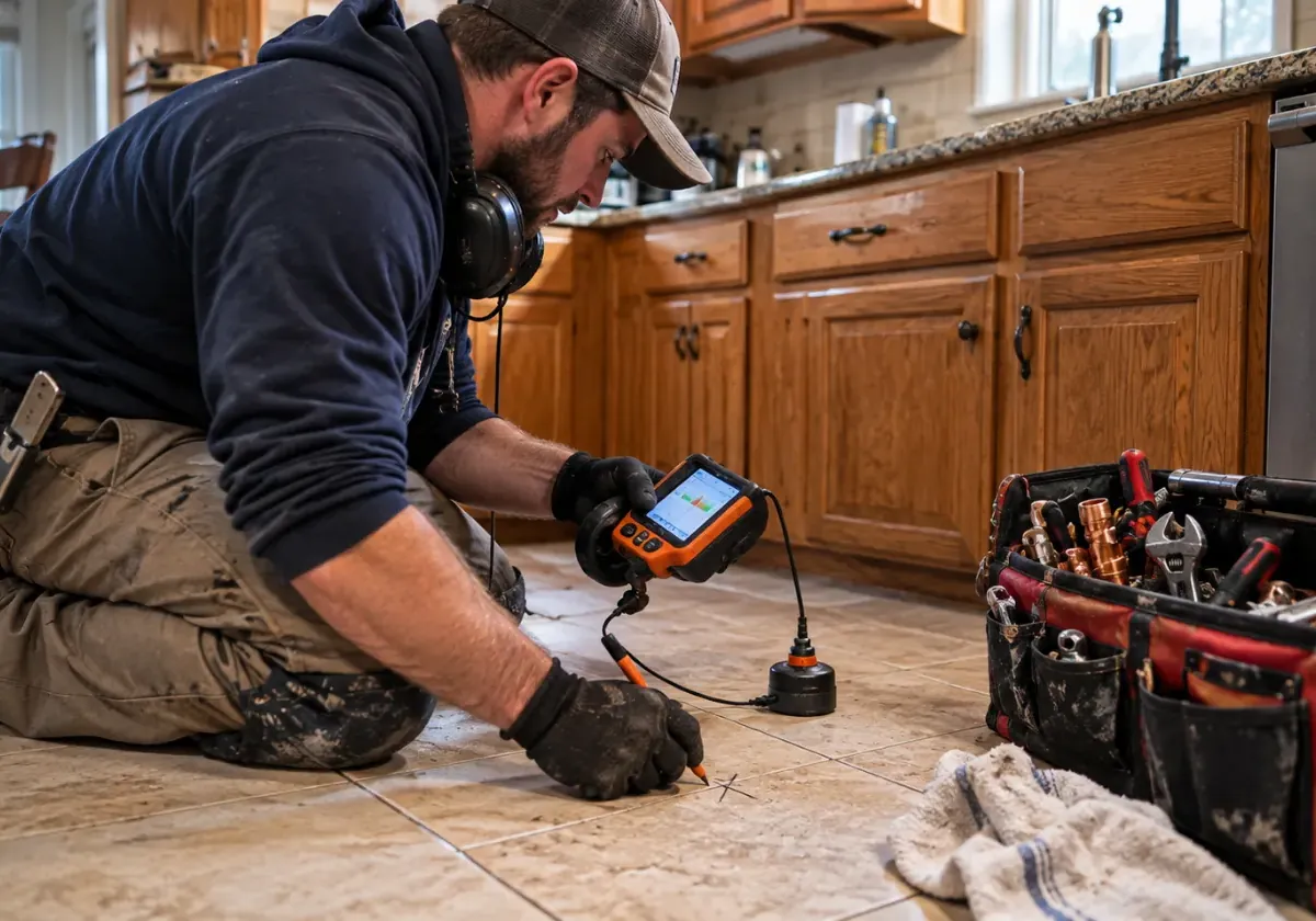 Plumber using an acoustic sensor and headphones to find a slab leak under a kitchen tile floor