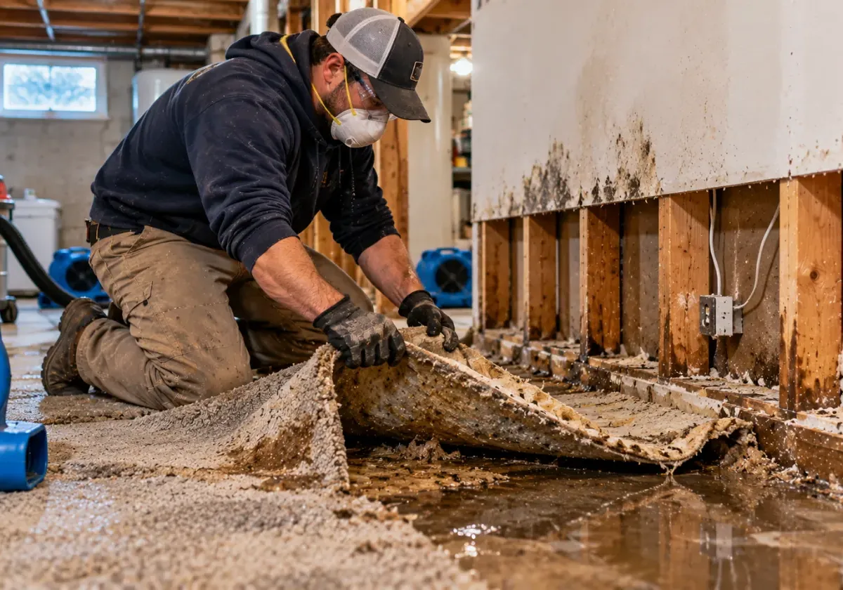 Restoration worker pulling up wet carpet with air movers running after a slab leak