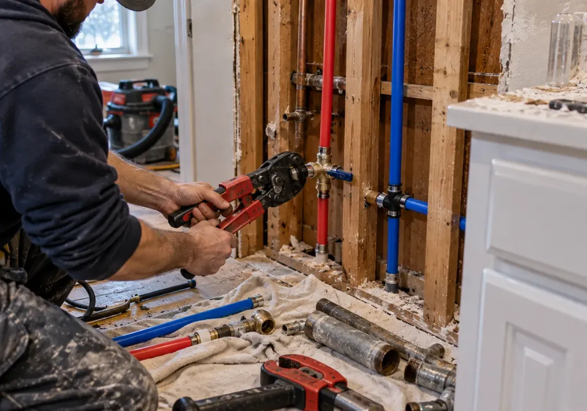 Plumber crimping new PEX water lines in an open wall while replacing old galvanized pipe